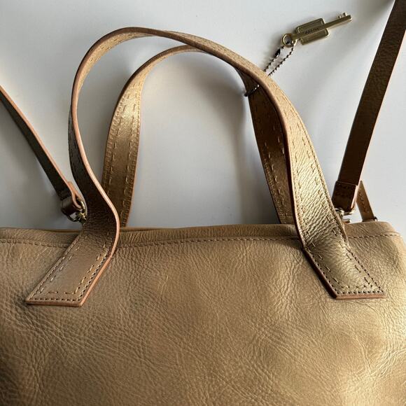 Fossil Sedona Gold Metallic Top Handle Shoulder Strap‎ Zip Satchel Purse Handbag - Picture 3 of 9
